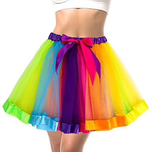 Damen Tüllrock Regenbogen Getäfeltes Tütü Retro 80er Jahre Erwachsene Tüll Rock für Halloween Rock Party Festival Feier