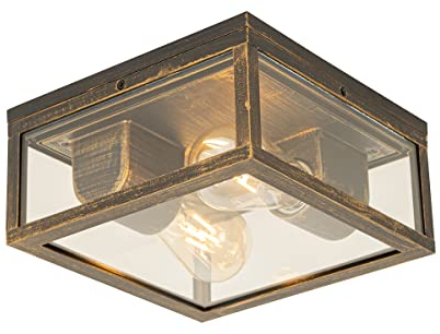 Qazqa - Industrie I Vintage I Vintage Außen Deckenleuchte I Deckenlampe I Lampe I Leuchte AntikGold I Messing IP44 2-flammig - Charlois I Außenbeleuchtung - Aluminium Quadratisch - LED geeignet E27