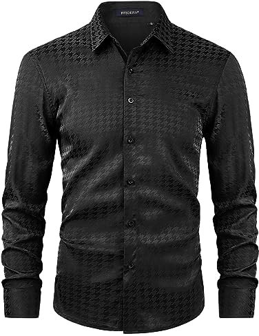 HISDERN Paisley Shirt for Men Jacquard Silk Dress Shirt Long Sleeve Button Down for Weddimg Nightclub Party Satin Shirts Regular Fit Black 2XL