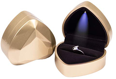 Mumusuki Herzförmige Ring-Geschenkbox mit LED-Licht, Samt-Ohrringe, Schmucketui, Verlobungsring-Boxen, Schmuck-Geschenkbox für Heiratsantrag, Hochzeit, Valentinstag, Jahrestag, Weihnachten (Golden)