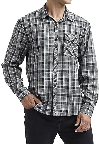 HISDERN Men's Long Sleeve Casual Plaid Flannel Shirt Checked Tartan Button Down Shirts for Men Grey Black 3XL