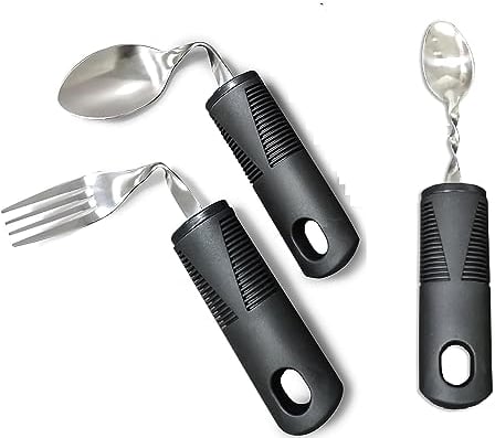 Extra Wide Handles Bendable Easy Grip Cutlery Set for Adult, Chunky Handles, Disability Ideal Dining aid for Elderly Disabled Arthritis Parkinson's Disease Tremors Sufferers (3PCS Black)