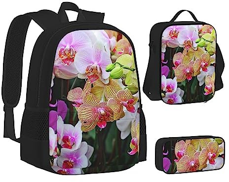 AABSTBFM Tower Paris Schulbücher-Set mit Lunchtasche, Federmäppchen, Reise, Laptop, Rucksack, Schultasche, 3-teiliges Set, Orchideen, Einheitsgröße, Schulrucksack
