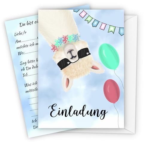 SoSi, 10 Einladungskarten mit 10 passenden Umschlägen inkl. Kuchenrezept, Kindergeburtstag Alpaka, Geburtstag Mädchen und Jungen, Tiere Geburtstag…