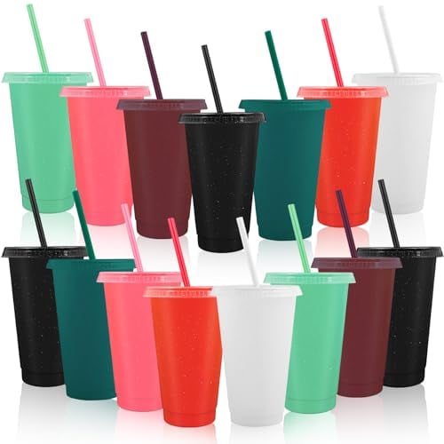 15 Pack Colourful Glitter Cold Cups Bulk, 700ml Reusable Plastic Cups with Lids, Party Tumbler Cup Travel Mug for Iced Coffee Smoothie Milkshake Birthdays Gifts (7 Colors)