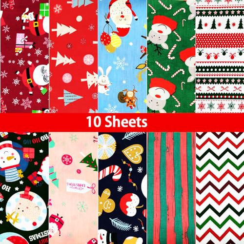 Qpout 10 Stück Weihnachten Stoffe - Fat Quarters Stoffbündel Patchwork Baumwolle, Dekoration Material Stoff Panels für DIY Nähen Quilten (50x50 cm/19.7x19.7 in)