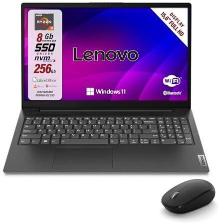 Lenovo, pc portatile notebook, Amd Ryzen 3 7Th, RAM 8Gb, SSD 256Gb, Display 15.6 FHD, Web cam, 3 usb, Wi-fi, hdmi, Win11 Pro, Libre Office, preconfigurato e pronto all'uso + mouse wireless