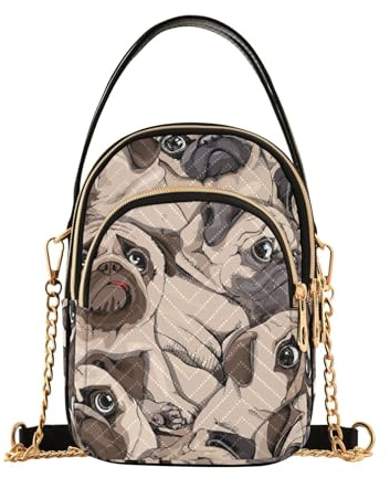 Mnsruu Umhängetasche für Damen, Motiv: Mops, Hund, kleine Schultertasche mit abnehmbarem Kettenriemen, mehrere Taschen, Beige, A100, 15 x 21 x 8 cm