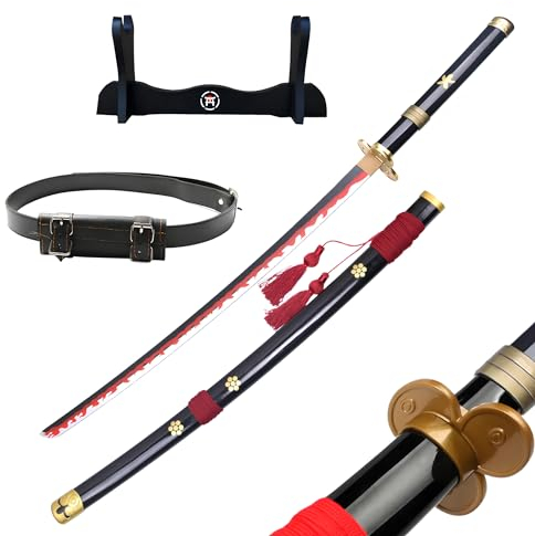 Hashiman – Katana One Piece – Manga Schwert + Schwerthalter Holz + Gürtel – Samurai Catana Cosplay Anime - Holzschwert Kinder Erwachsene – Ninja Deko Kostüm Säbels (Roronoa Zoro Enma Schwarz)