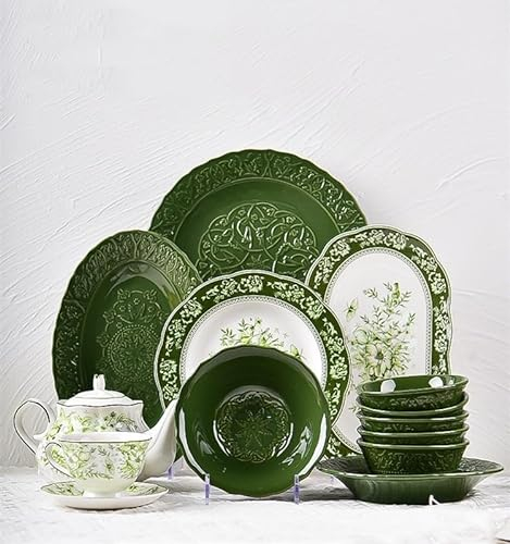 dudsme Juego de vajilla de cerámica para café, taza de café, color verde oscuro, juego de vajilla retro ReliePattern (para 2 personas), sssd02