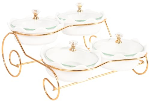 jinsongdafa Ceramic Serving Bowls with lid Metal Dishes, 4 Removable Small Bowls Relish Tray Nuts Dishes for Snack, Fruits, Sugar, Candies - for Parties, Party, Gift, Layered - 4 Snack Bowls