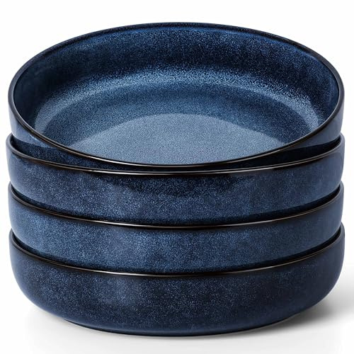 Herogo Stoneware Pasta Bowls Set of 4, Large Wide Shallow 37oz Plates and Serving Bowls Sets for Salad Soup Cereal, Microwave & Dishwasher Safe, Starry Blue