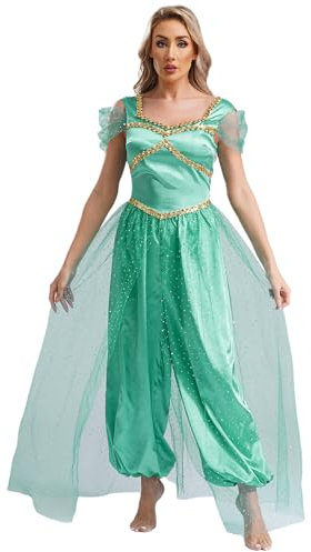 Fldy Damen Prinzessin Kostüm Orientalische Arabische Kleidung Tüll Pailletten Overall Pumphose Fasching Halloween Kostüm Tanz Party Verkleidung Türkis L