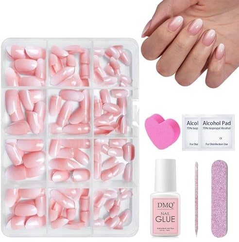 DMQ Ombre Press on Nails Kit with Glue, 240Pcs Short Almond Pink Gradient False Nails, Oval Pink Tips Acrylic Fake Nails, 12 Sizes Glossy Full Cover Stick on Nails for Women Girls Nails Art