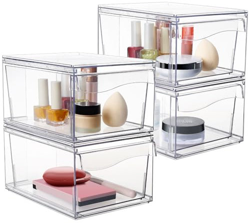 Greentainer Kosmetik-Organizer-Schubladen,Stapelbare Acryl-Make-up-Organizer, Schreibtisch-Schubladen-Aufbewahrungsbox für Waschtisch, Badezimmer, Schlafzimmer,4 pcs Clear Schminktisch Organizer