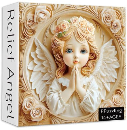 Rose Flower Relief Angel Puzzles for Adults 1000 Pieces, 3D Puzzle Vintage Carved Difficult Art Jigsaw Puzzle with Floral Wreath and Wings, Religious Challenging Puzzles for Adults