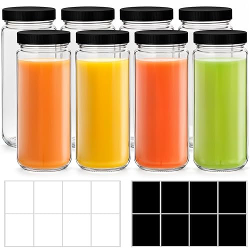 Winter Shore Bouteilles Transparentes de 450ml avec Couvercles & Étiquettes (Lot de 8) - Bouteille de Jus Vide - Bouteille d Eau Reutilisable - Petites Bouteilles en Verre pour Jus avec Bouchon