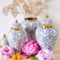 Fine Asianliving Chinesischer Vase mit Deckel Porzellan Blau Weiß Gold Blumen Handgefertigt D18xH35cm China Dekorative Blumenvase Orientalische