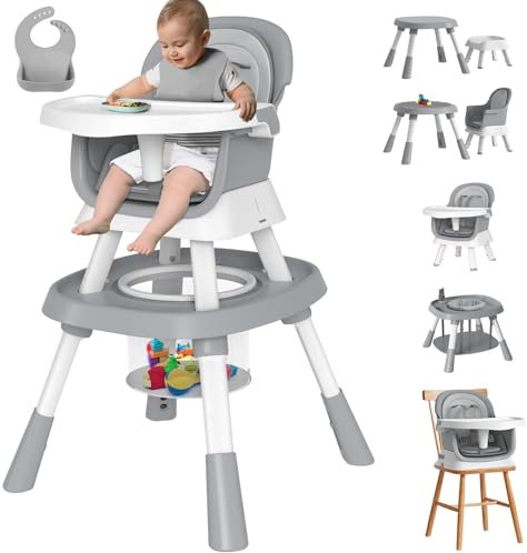 BIERUM 15-in-1 Convertible Baby High Chair for 2M-10Y Toddlers, Kids Learning Table & Baby Feeding Chair, Highchair with 360° Rotation, Removable Tray, 5-Point Harness, 2-Layer Cushion (Grey)