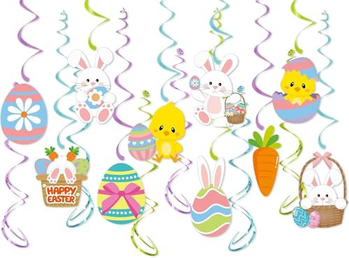 16 Stück Ostern Deckenhänger Spiral Girlanden, Osterhase Hängende Spiralen Girlande, Osterei Ostern Deko Spiralen Luftschlangen, Hängende Wirbel Dekoration für Ostern Party Supplies, Kinder Party (A)