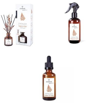 Pack de Aromatización Ámbar y Cedro - Spray 225ml x2,Esencia Humidificador 50ml y Mikado 40ml | Fragancia Cardamomo para el Hogar Aromaterapia
