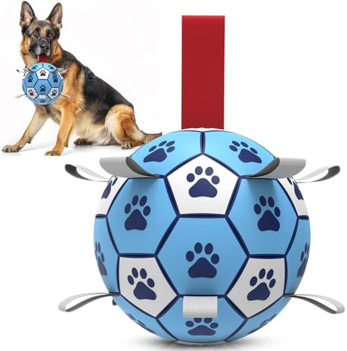 HETOO Hundespielzeug, Hundeball mit Nylon Seil, Premium Hundefußball Spielzeug für Mittlere Große Hunde Indoor & Outdoor Unterhaltung (8 Zoll Blau Weiß)
