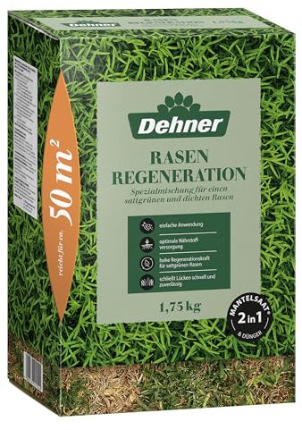 Dehner Rasen-Reparatur Regeneration, Saatgut und Dünger in einem für strapazierfähigen Rasen, schnell keimend, ideal für beschädigte Rasenflächen, FSC-zertifizierte Verpackung, 1.75 kg für ca. 50 m²
