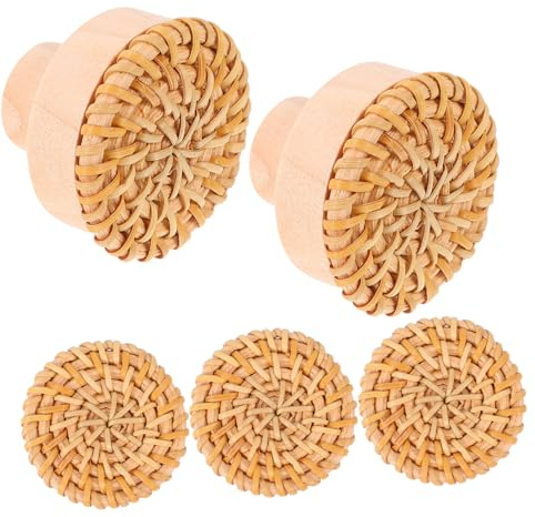 MUCKLILY Rotin Bois Crochet Mural Lot de 5 Décoratif Rond | Patères Murales Rustiques, Rangement Pratique pour Clés et Paquet, Style Minimaliste Bohème