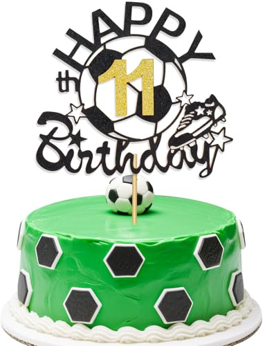 Football Happy 11th Birthday Cake Topper, Glitter Gold Number 11 Soccer Cake Toppers Decoration for Kids Boys’ Sports Theme Party Supplies