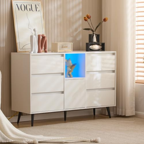 ARTETHYS Küchenschrank, Sideboard mit LED-Beleuchtung, Kommode 120cm mit 6 Schubladen und Türen, Buffetschrank mit Arbeitsplatte, Anrichte für Küche,Wohnzimmer, Flur und Esszimmer, Weiß