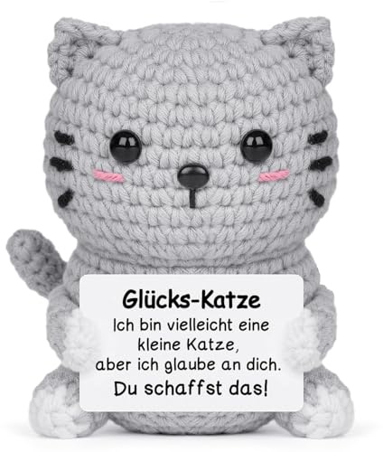 Giftasy Glücksbringer – Handgehäkelte Katze mit Energiekarte, Du schaffst das Geschenk, Geschenke zur Einschulung, Mutmacher Geschenk, Positive Hug, Motivationsgeschenk