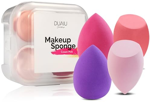 Makeup Sponge DUAIU 4 Pack Beauty Blender Foundation Sponges Set 4 Color Latex Free Blender Beauty Makeup Sponges with 1 Sponge Holder Case (Red Purple)