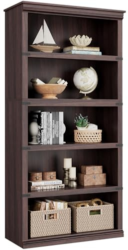 RBFGYIOP Libreria alta rustica da ufficio - 5 ripiani robusti in legno - Scaffale 171,2cm per libri pesanti - Ampio spazio espositivo - Ciliegio scuro - 800x320x1712mm
