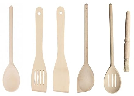 Tala 6 Piece Wooden Utensil Set, Contains Large Spoon, Slotted Spoon, Solid Spatula, Slotted Spatula, Scraper Spoon & Pastry Brush, Made with FSC Certified and Sustainable Beechwood Kitchen Tools,
