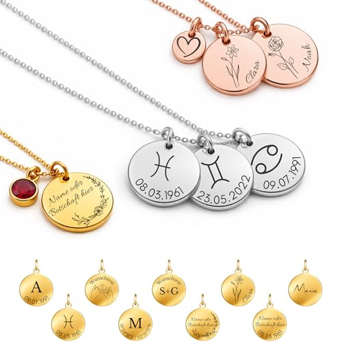 BS Schmuckdesign Namenskette Damen personalisierte Halskette mit Gravur | 3 Anhänger mit Name, Geburtsdatum, Koordinaten, Symbol, Familienkette