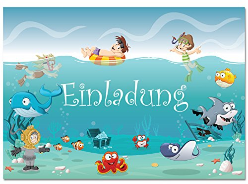 12 Einladungskarten im Set Zum Geburtstag / Kindergeburtstag mit Motiv Ozean, Unterwasserwelt, Schwimmbad, Freibad, Poolparty. Einladungen für Jungen und Mädchen (12 Einladungen)