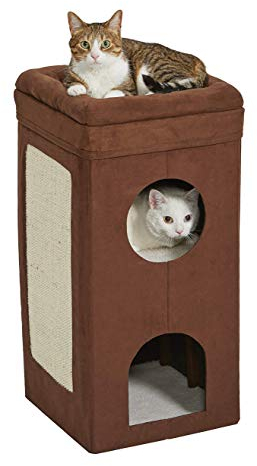 MidWest Homes for Pets Modell 137-BRC Katzenhaus, Design mit drei Ebenen, braunes Kunstvelours und synthetisches Schaffell, ca. 37 x 37 x 77 cm (L x B x H)