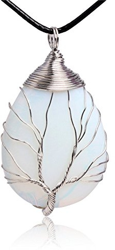 SHGbeads Handgemachter Netz-Traumfänger, 30 x 55 mm, creme-weißer Opalit, flacher Tropfenstein, Halbedelstein, Charkra-Anhänger