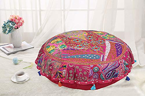 DK Homewares Ethnisch Baumwolle Bodensitzkissen Orientalisch bodenkissen bezug abnehmbar 55x55 Bohemien Rosa Patchwork Gestickt Wohnkultur Rund Jahrgang Bodensitzkissen - 22x22 Inch