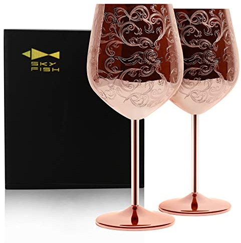 Sky Fish Etched Stainless Steel Wine Glasses With Copper Plated,Set of 2(17oz) Wine Goblets
