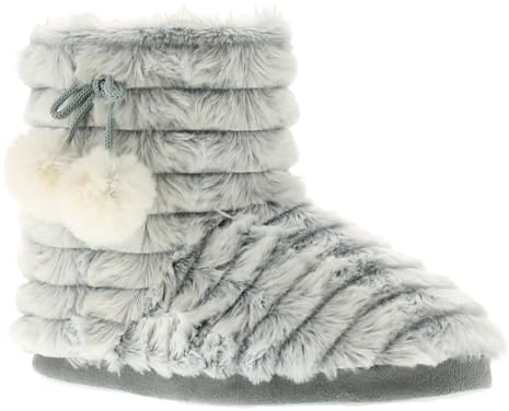 Moonlights Women's Faux Fur Bootie Slipper Cozy Ankle House Boot with Plush Pom Pom Detail Warm, Soft Lining & Cushioned Comfort Insole