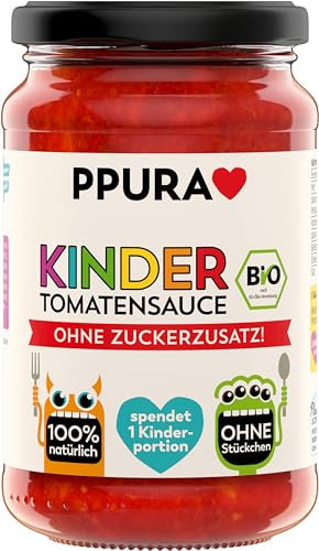 PPURA Bio Tomatensauce Kinder Ohne Zuckerzusatz | Stückchenfreie Pasta-Sauce mit Tomaten | 100% Natürlich Ohne Zusatzstoffe| Kids Nudel-Soße Made in Italy | Spendet eine Kinderportion | 340g Glas