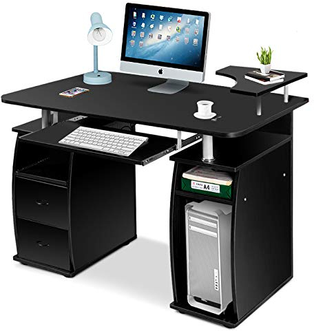 DREAMADE Laptoptisch Arbeitstisch Holz, Computertisch mit Schrank sowie Ablagefläche, Schreibtisch Bürotisch PC Tisch Beistelltisch (Schwarz)