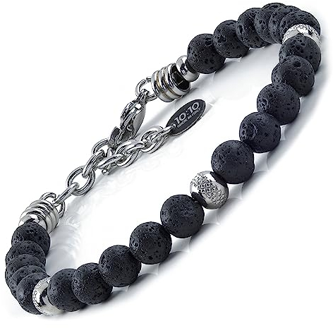 10:10 Armband Aus Edelstahl Und 6 Mm Natürlichen Lavasteinen für Männer Und Frauen - Verstellbar, Made in Italy