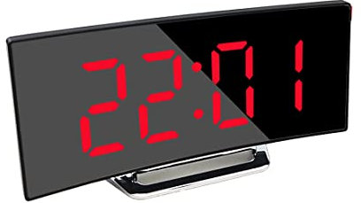 Digital Alarm Clock, LED Bedside Clock Mains Powered, Alarm Clock with Night Light for Bedrooms, 7 Curved-Screen, 2 Levels of Brightness, Snooze, 12/24H, USB Charger, Travel and Office (No Adapter)