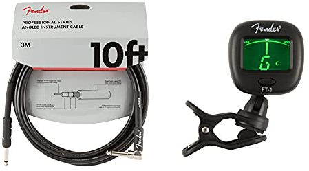 Fender Professional Series Instrument Guitar Cable, 10 ft, Straight/Angle, Black, 3m & FT-1 Pro Clip-On Tuner, For Electric, Acoustic & Bass Guitars & Ukuleles, Black