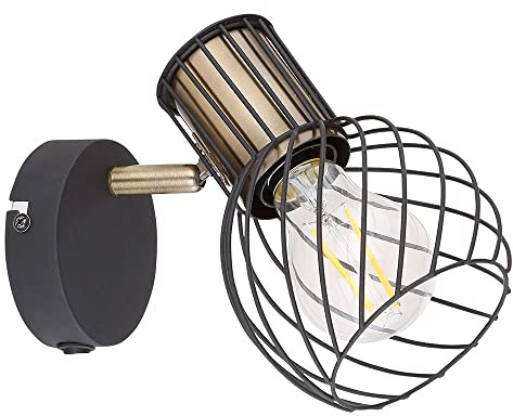 Wandlampe Wandleuchte goldfarben Käfig Wohnzimmerleuchte mit beweglichem Spot, Metall schwarz, 1x E27, BxH 12x16,5 cm