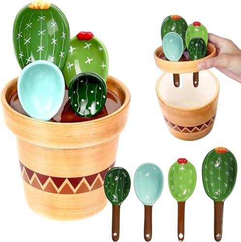 Set di cucchiai dosatori in ceramica a forma di cactus, 5 pezzi, simpatici misurini e cucchiai per cucina, per misurare liquidi, alimenti, sale e zucchero, cucchiai kawaii con base