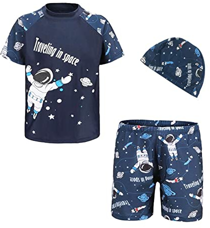 FedMois Kleinkinder Jungen Badeanzug 3-teiliges Schwimmkleidung Set Badeshirt Badeshorts Bademütze, Astronaut, Gr. 116 (Herstellergröße 2XL)