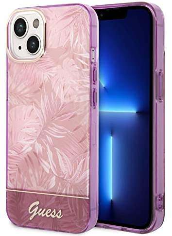 Guess Handyhülle für iPhone 14 Plus in rosa Blättern IML, kratzfester PC/TPU, Bequeme und langlebige Hartschale mit zugänglichen Anschlüssen, Stoßdämpfung und Signatur-Logo